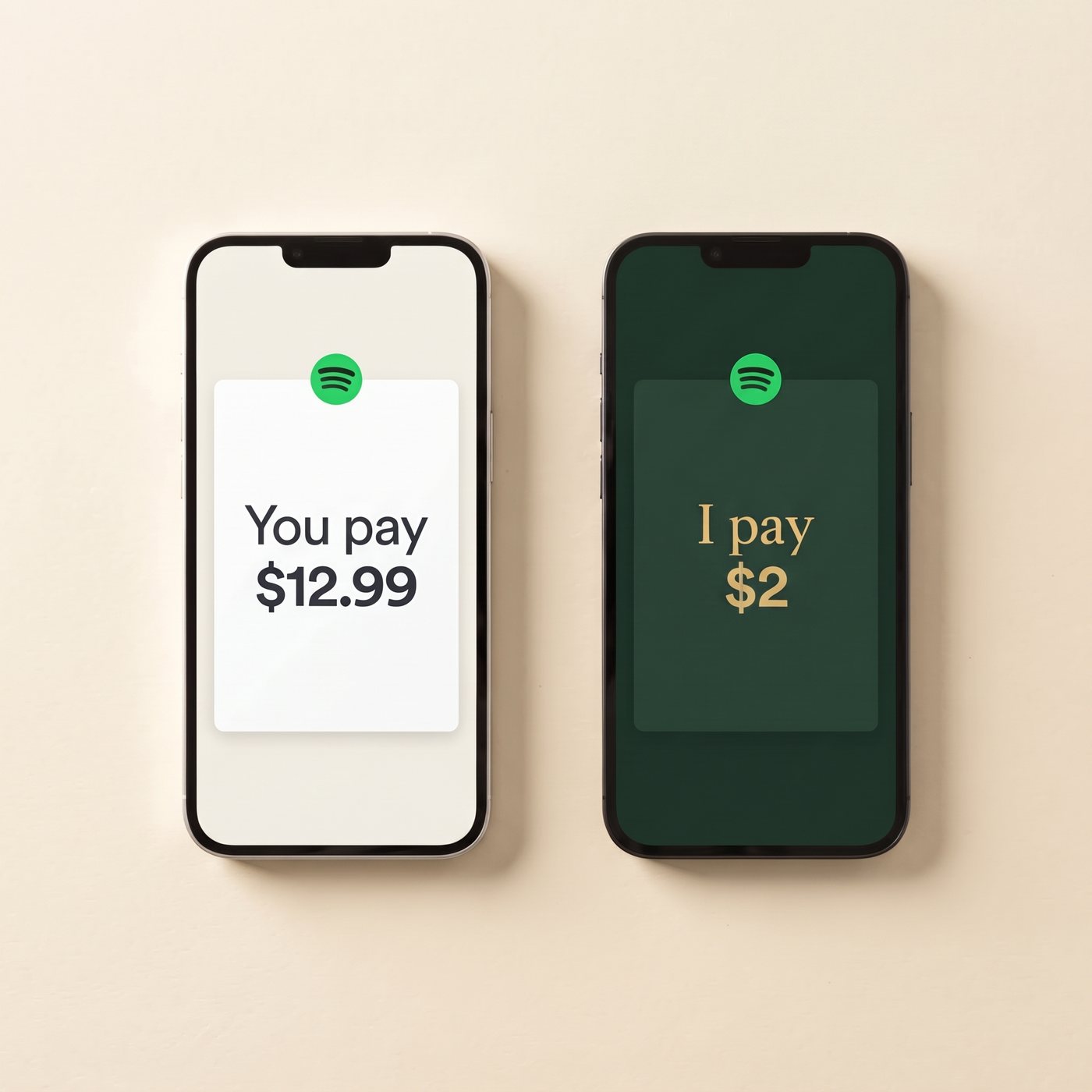 Two phones side by side: you pay $12.99, I pay $2 for the same Spotify Premium
