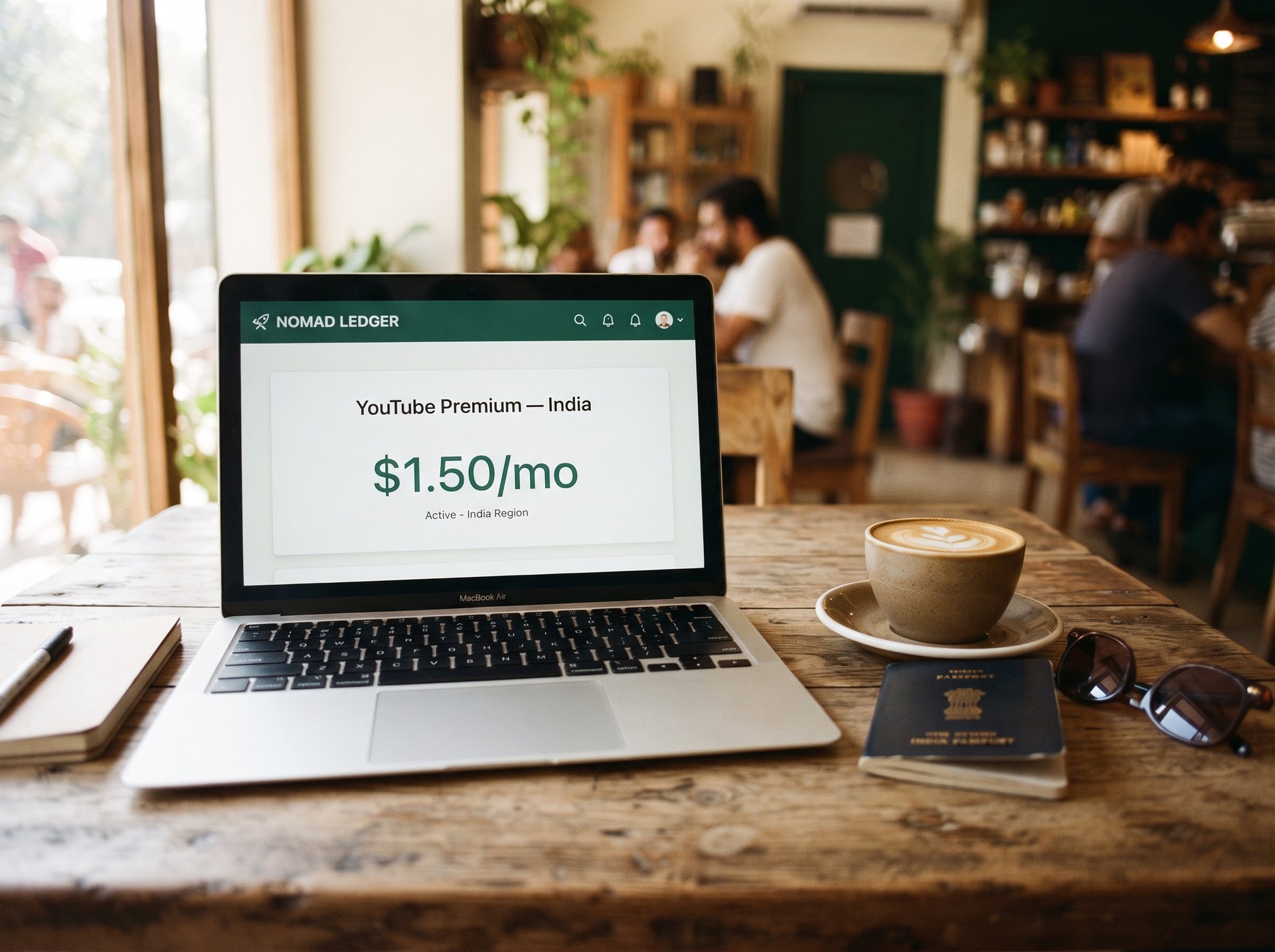 The VPN Money Cheat Sheet on a phone, next to a passport and coffee