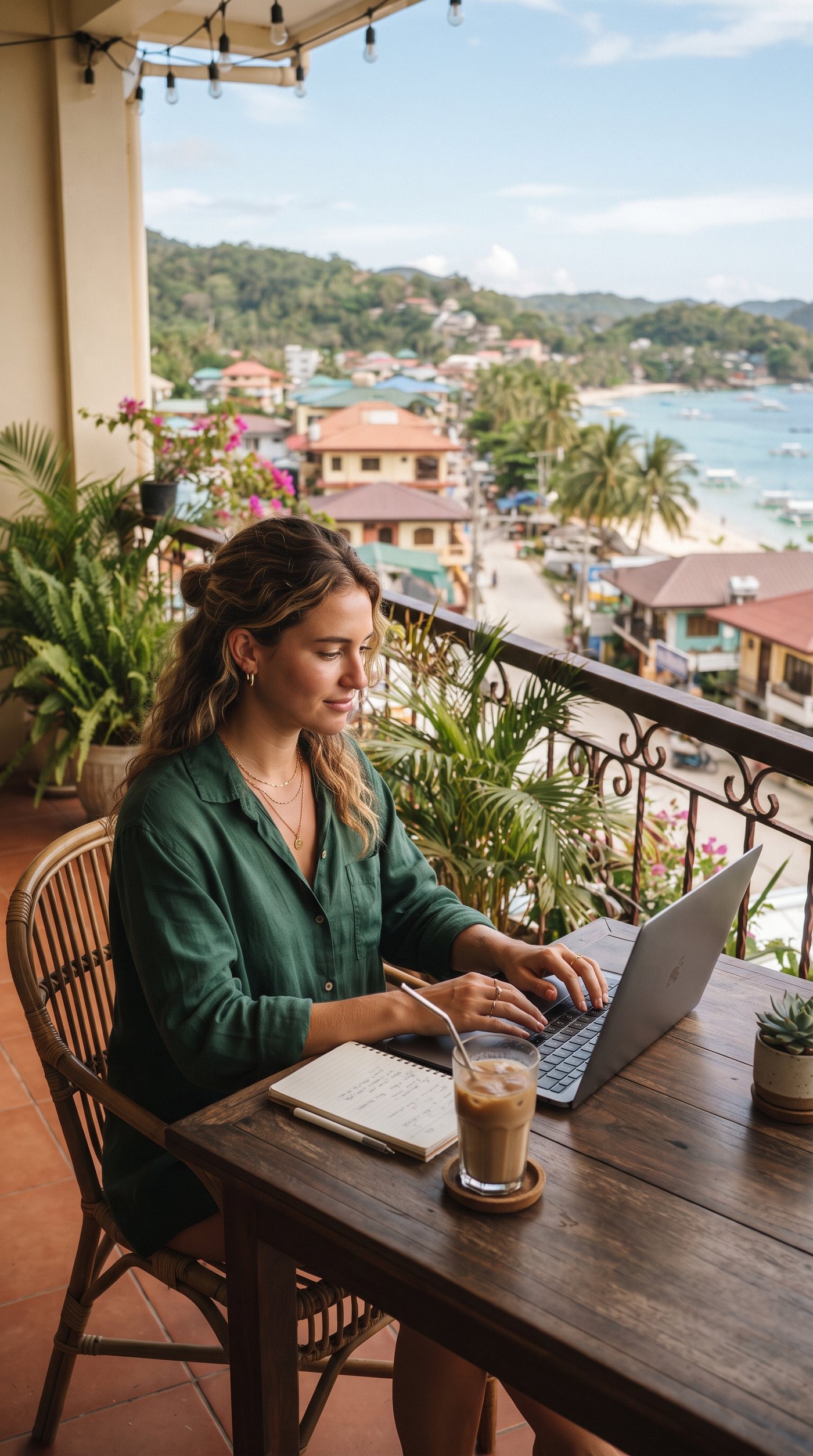 Working from a sunny balcony cafe above a tropical beach town